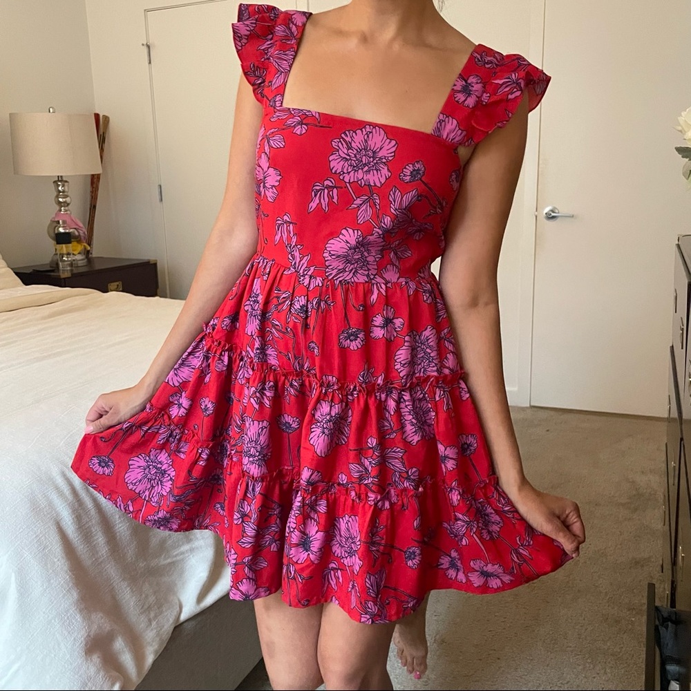 Red Summery Frock Dress Size Small with Flutter Sleeves‎